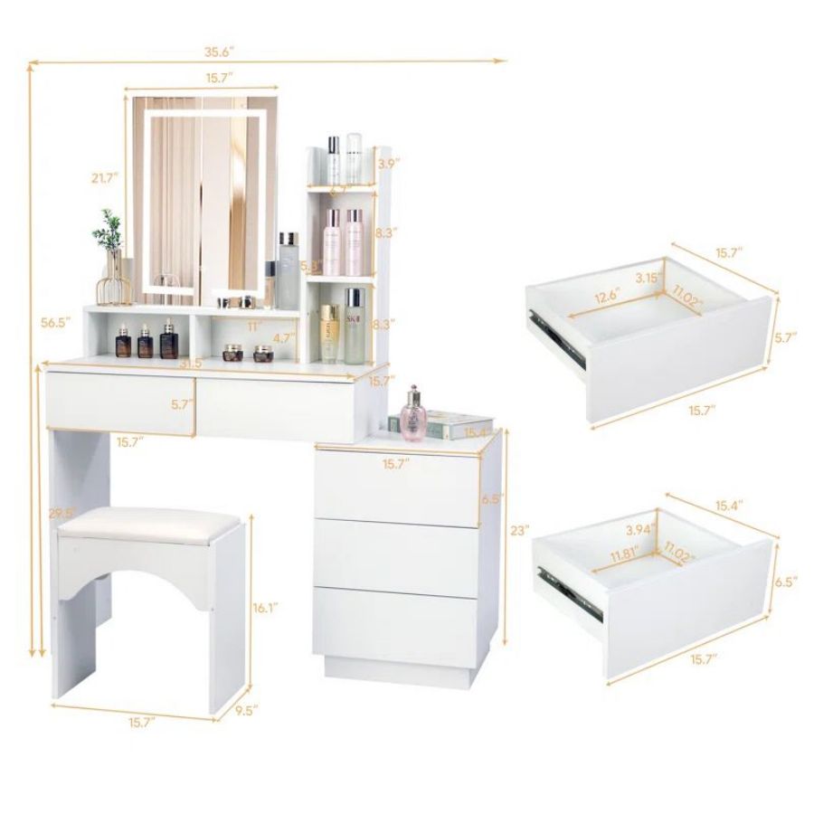 VOWNER Makeup Vanity Desk Set With LED Lighted Mirror, Drawers, Shelves And Stool, Lighting Color & Brightness Adjustable, For Girls Women