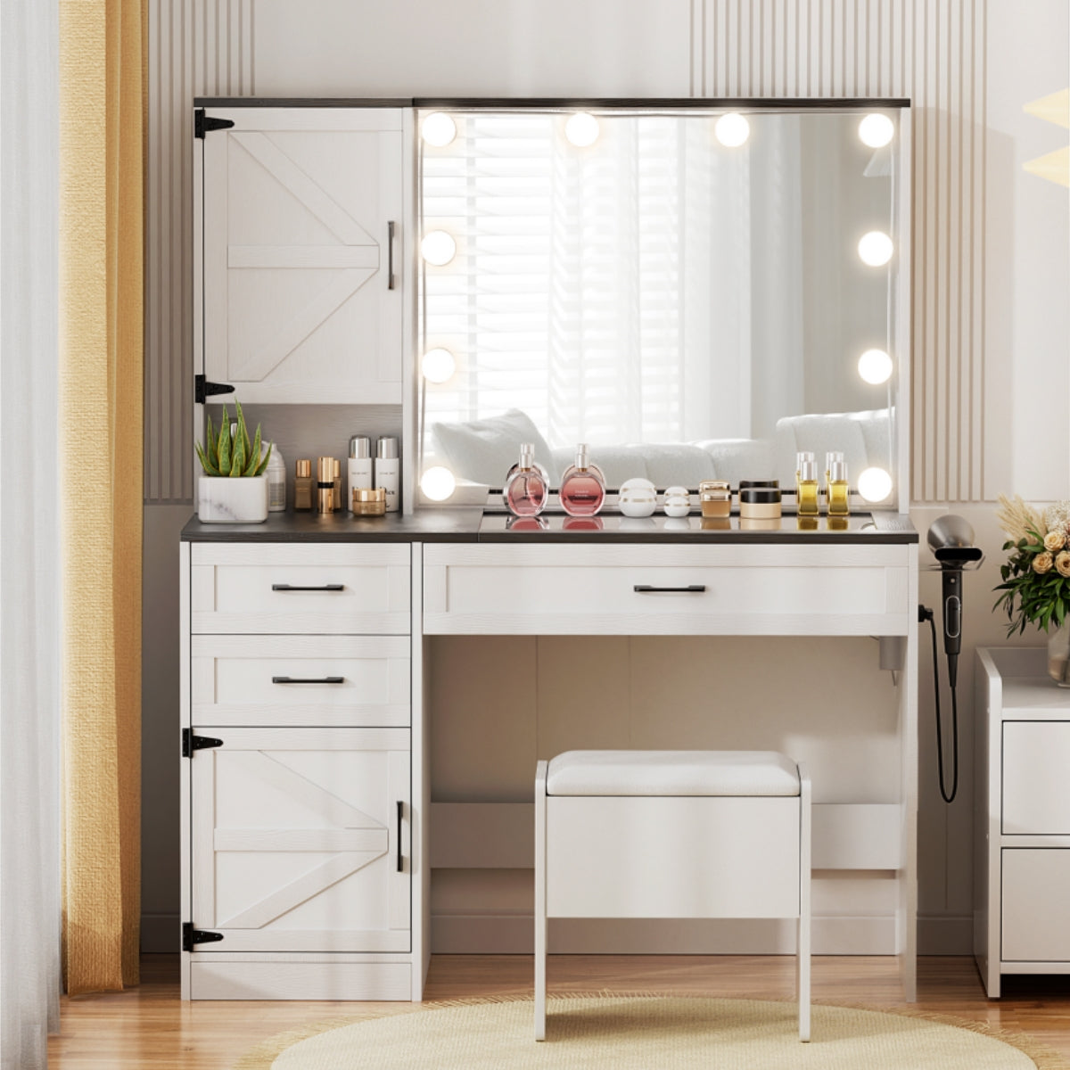 VOWNER Makeup Vanity Table Set With Outlet, Farmhouse Vanity Desk With Glass Table Top And Large Lighted Mirror, 3 Color Light & Adjustable Brightness, Come With Stool, For Bedroom