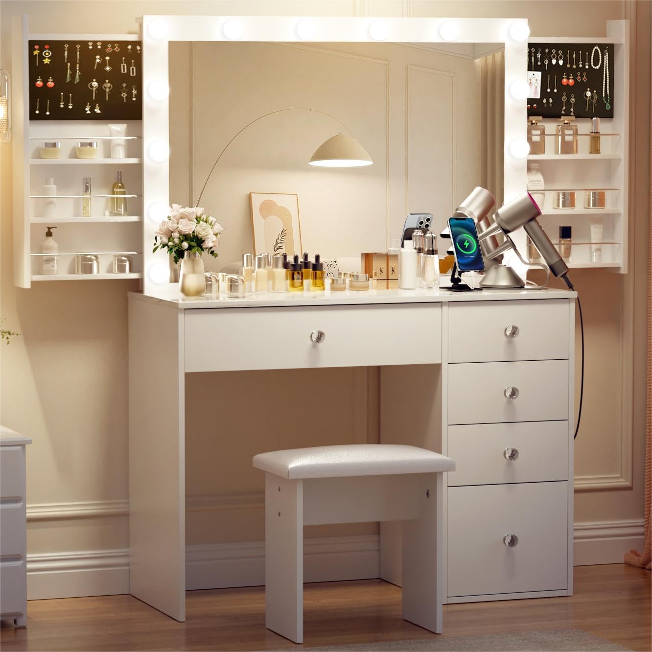VOWNER Makeup Vanity Desk With Outlet, 2 Sliding Hidden Drawers And Large Mirror, 14 Lighting Bulbs Color & Brightness Adjustable, Come With Stool, For Girls Women