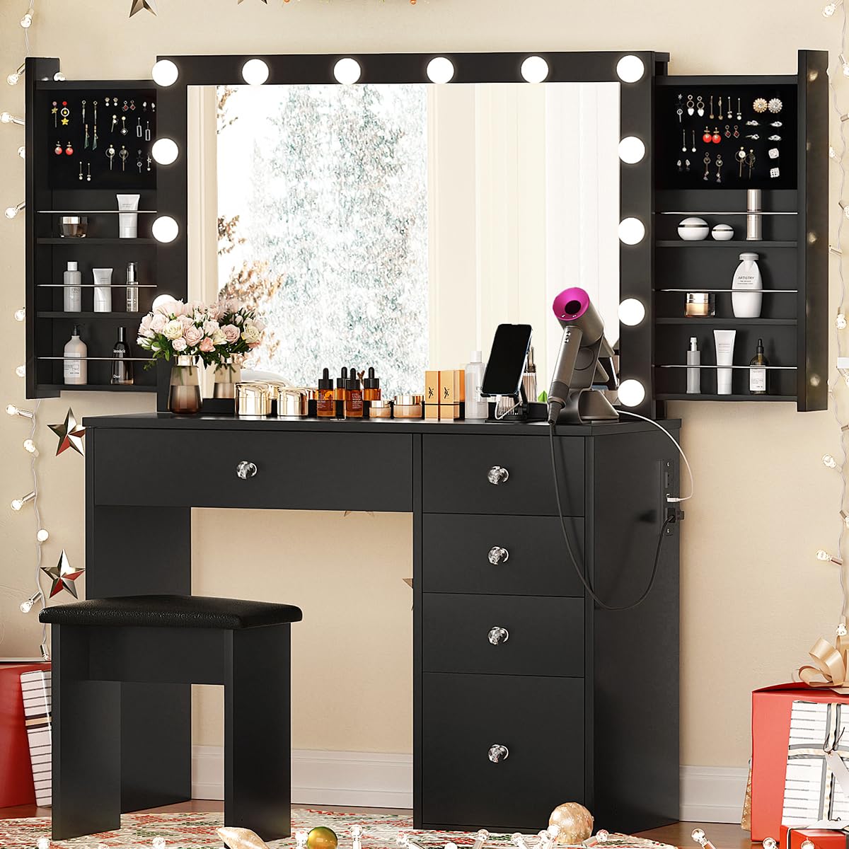 VOWNER Makeup Vanity Desk With Outlet, 2 Sliding Hidden Drawers And Large Mirror, 14 Lighting Bulbs Color & Brightness Adjustable, Come With Stool, For Girls Women