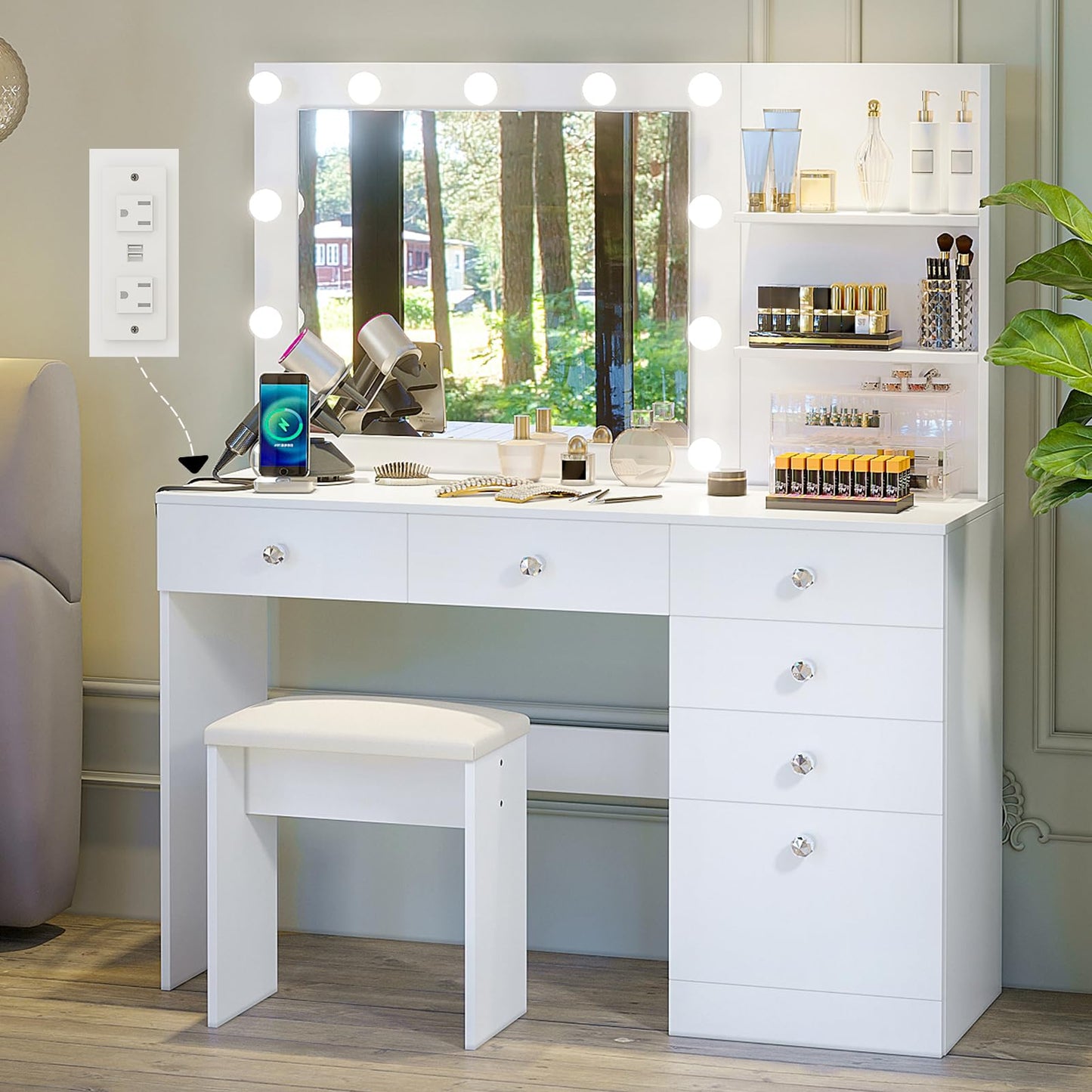 VOWNER 47" Vanity with Outlet - Makeup Vanity Desk with Mirror, Storage Shelves and 6 Drawers