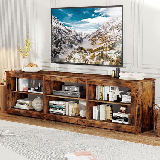 TV Stand With Outlet, VOWNER Rustic Brown TV Console Table For 75'' TV, 6 Open Shelves & Media Cabinet, For Living Room