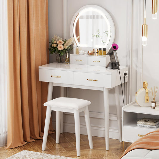 Vanity Desk with Outlet, VOWNER Makeup Vanity Table With LED Lighted Mirror, 3 Color & Brightness Adjustable, Soft Cushioned Stool, For Bedroom