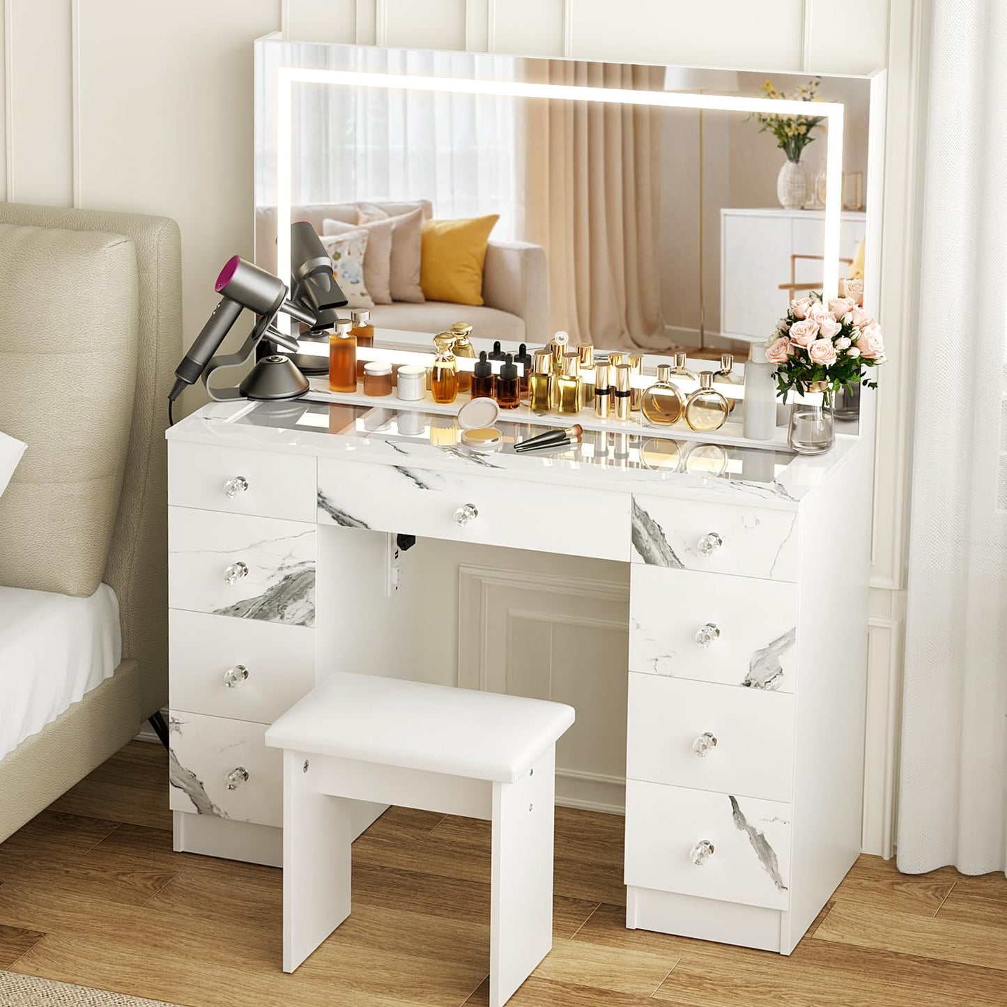 VOWNER 43" Vanity with Lighted Mirror, Glass Top Makeup Desk with Power Outlet and 9 Drawers, 3 Color Lighting Modes Adjustable Brightness