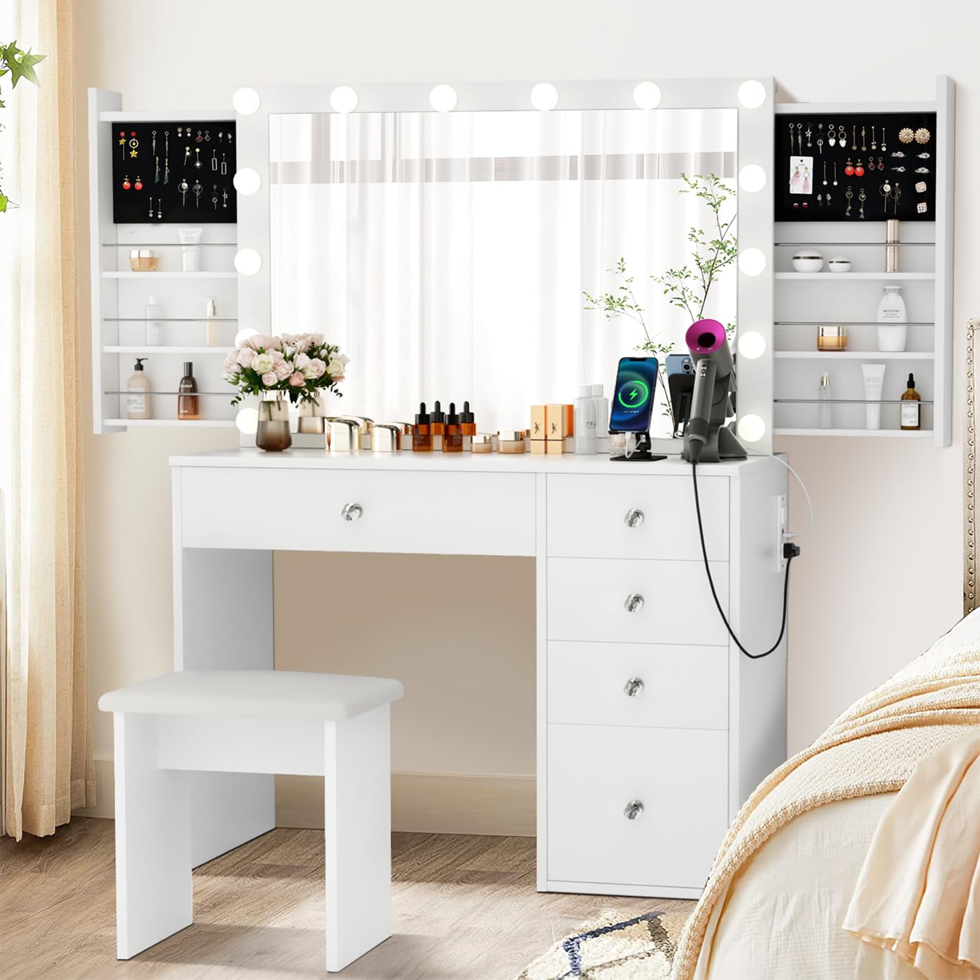 VOWNER Makeup Vanity Desk With Outlet, 2 Sliding Hidden Drawers And Large Mirror, 14 Lighting Bulbs Color & Brightness Adjustable, Come With Stool, For Girls Women