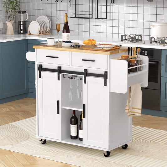 Mobile Kitchen Island Cart With Sliding Barn Door, VOWNER Rolling Mobile Kitchen With Storage Cabinet, Towel Rack, Spice Rack and Cup Holders, For Kitchen Room, Dining Room