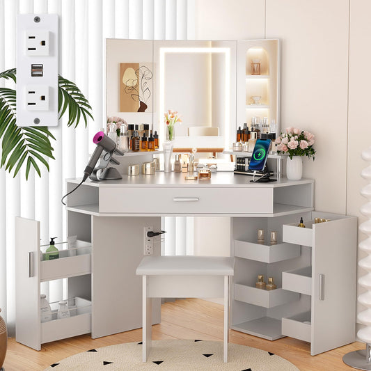 VOWNER Tri-Mirror Corner Makeup Desk With Outlet, Vanity Set With Mirror And Lights, 3 Color & Brightness Adjustable, With Rotating Drawers, Sliding Storage Shelves And Stool, For Girls Women