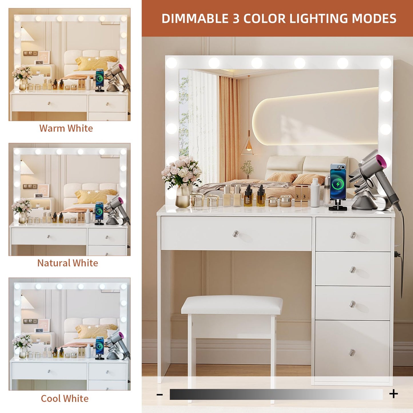 VOWNER Makeup Vanity Desk With Outlet, 2 Sliding Hidden Drawers And Large Mirror, 14 Lighting Bulbs Color & Brightness Adjustable, Come With Stool, For Girls Women