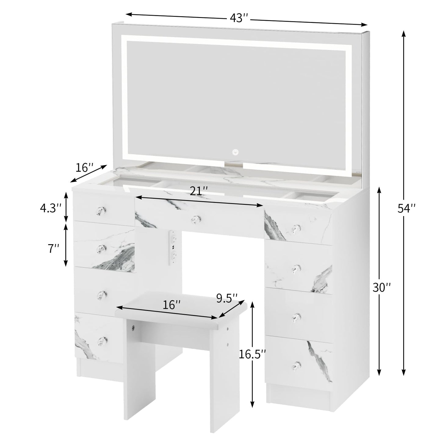 VOWNER 43" Vanity with Lighted Mirror, Glass Top Makeup Desk with Power Outlet and 9 Drawers, 3 Color Lighting Modes Adjustable Brightness