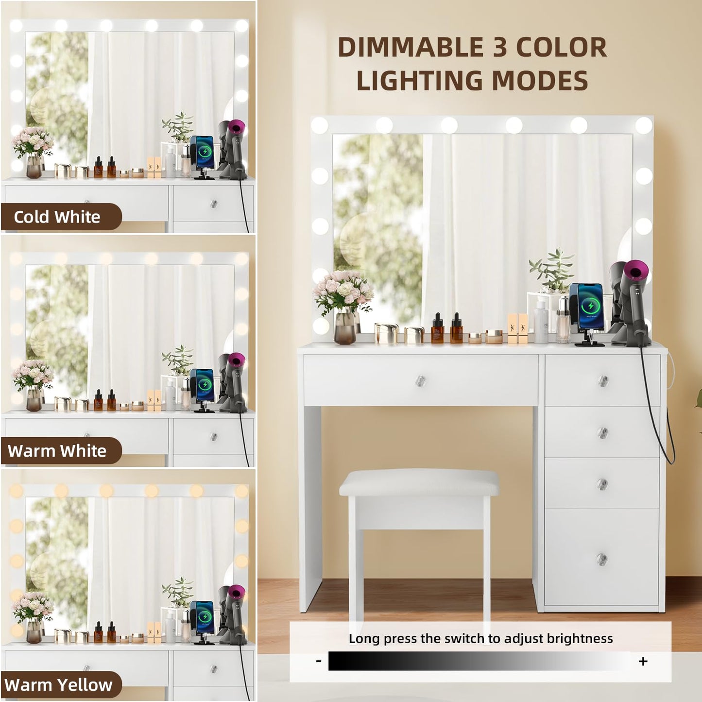 VOWNER Makeup Vanity Desk With Outlet, 2 Sliding Hidden Drawers And Large Mirror, 14 Lighting Bulbs Color & Brightness Adjustable, Come With Stool, For Girls Women