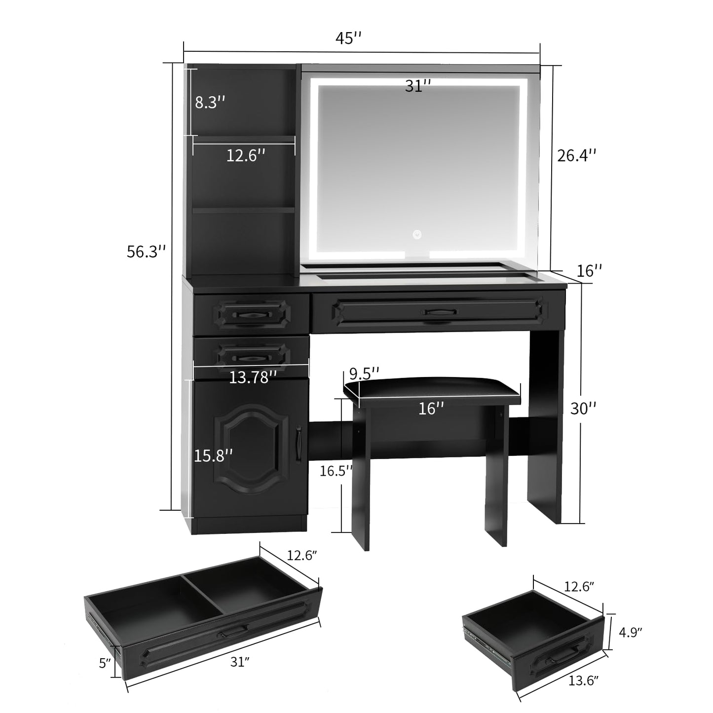VOWNER Makeup Vanity Desk Set With Outlet, Large LED Lighted Mirror Glass Table Top With 3 Drawer, 1 Cabinet And Shelves, Lighting Brightness & Color Adjustable, Gift For Girls Women