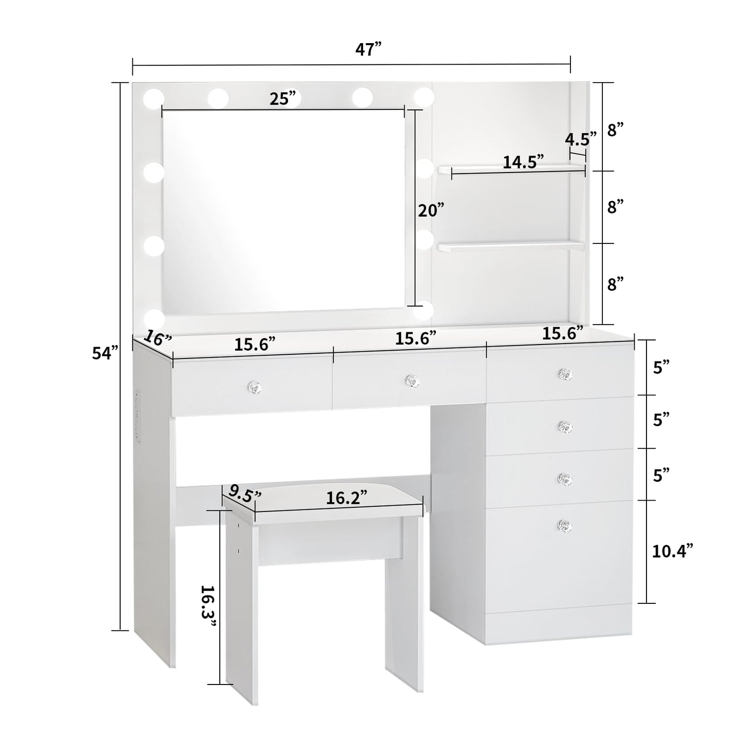 VOWNER 47" Vanity with Outlet - Makeup Vanity Desk with Mirror, Storage Shelves and 6 Drawers