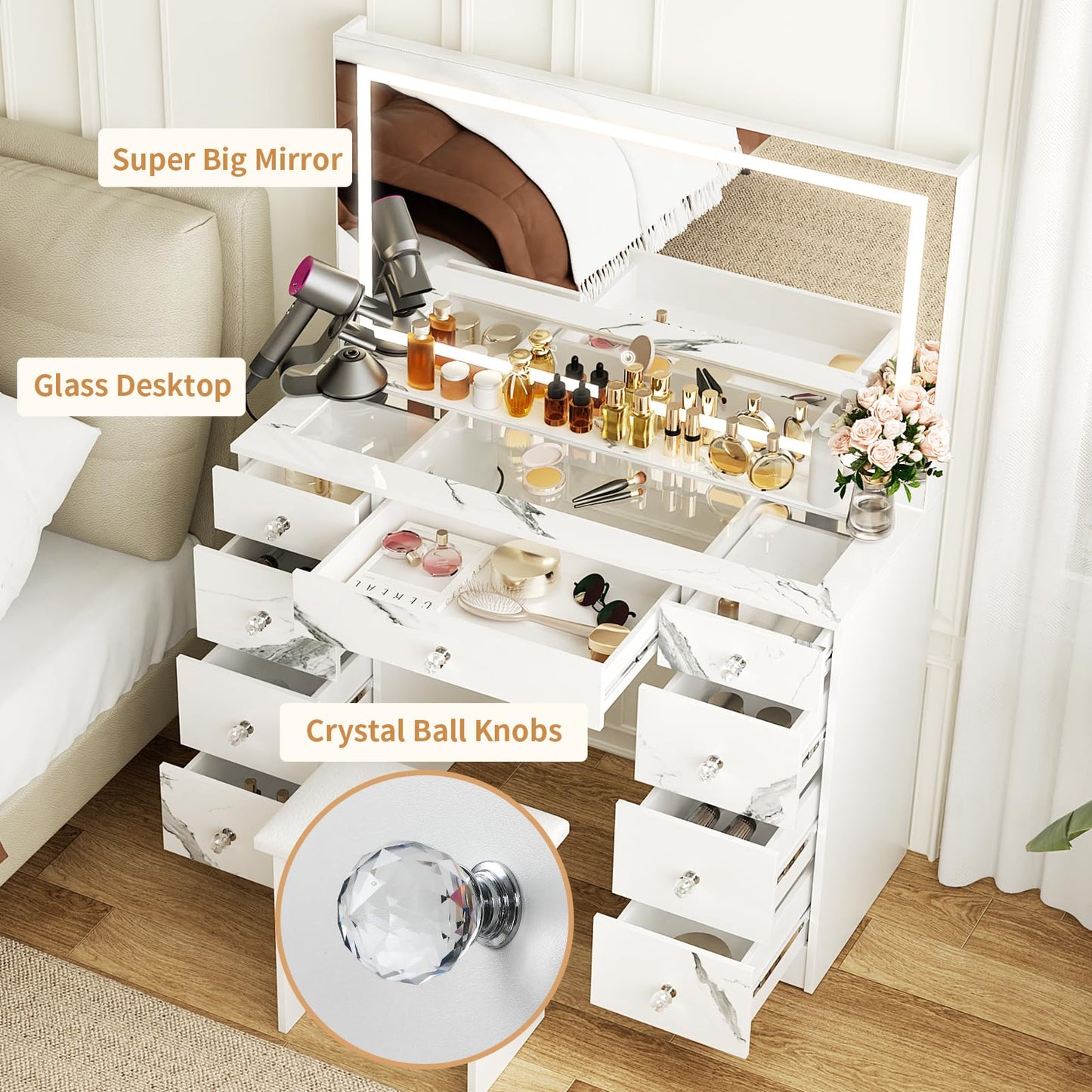 VOWNER 43" Vanity with Lighted Mirror, Glass Top Makeup Desk with Power Outlet and 9 Drawers, 3 Color Lighting Modes Adjustable Brightness