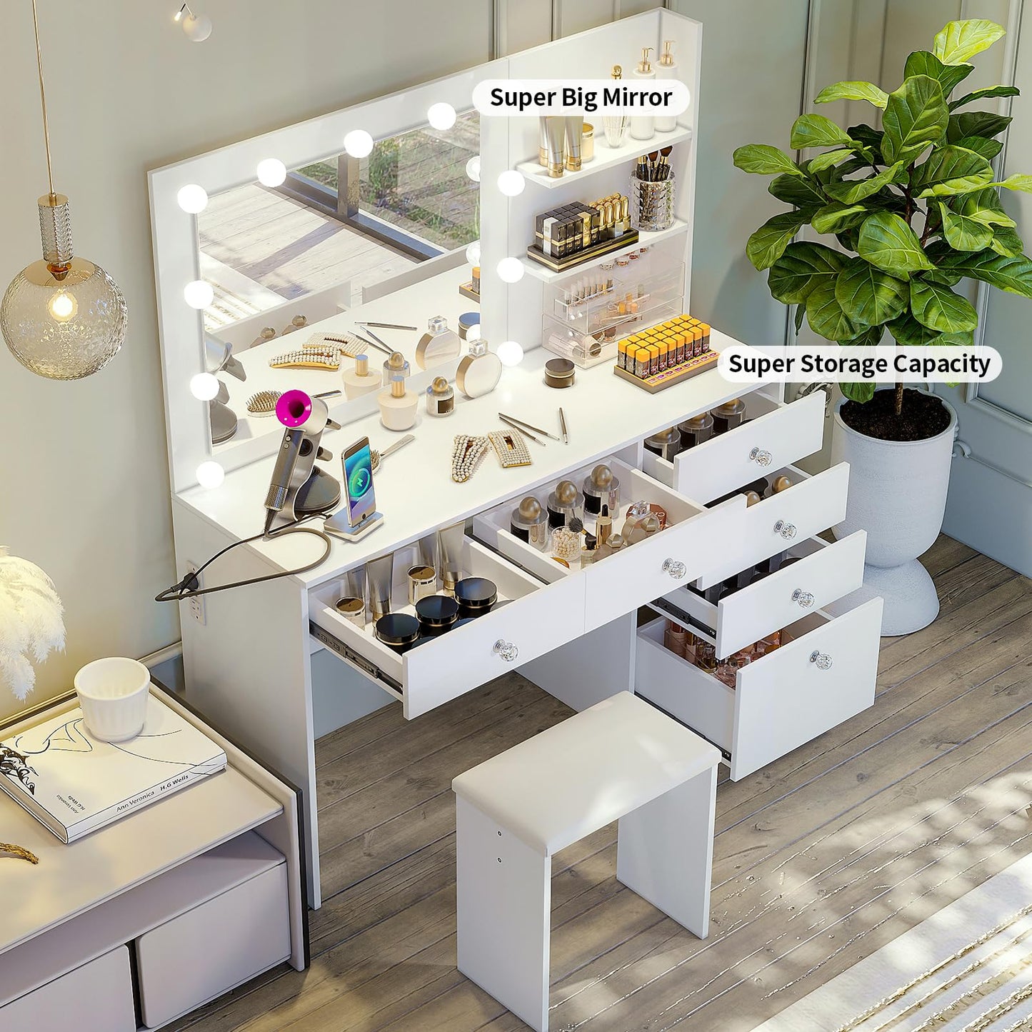 VOWNER 47" Vanity with Outlet - Makeup Vanity Desk with Mirror, Storage Shelves and 6 Drawers