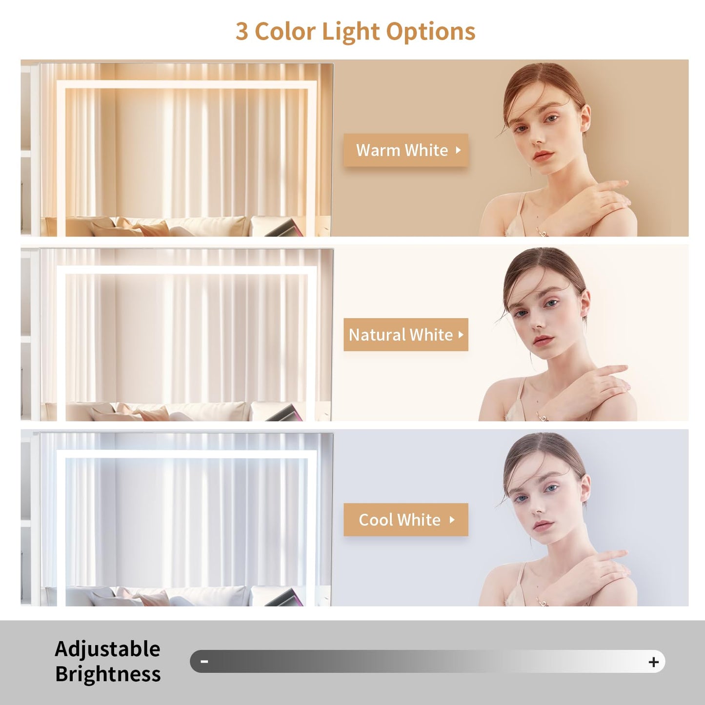 VOWNER Makeup Vanity Desk Set With Outlet, Large LED Lighted Mirror Glass Table Top With 3 Drawer, 1 Cabinet And Shelves, Lighting Brightness & Color Adjustable, Gift For Girls Women