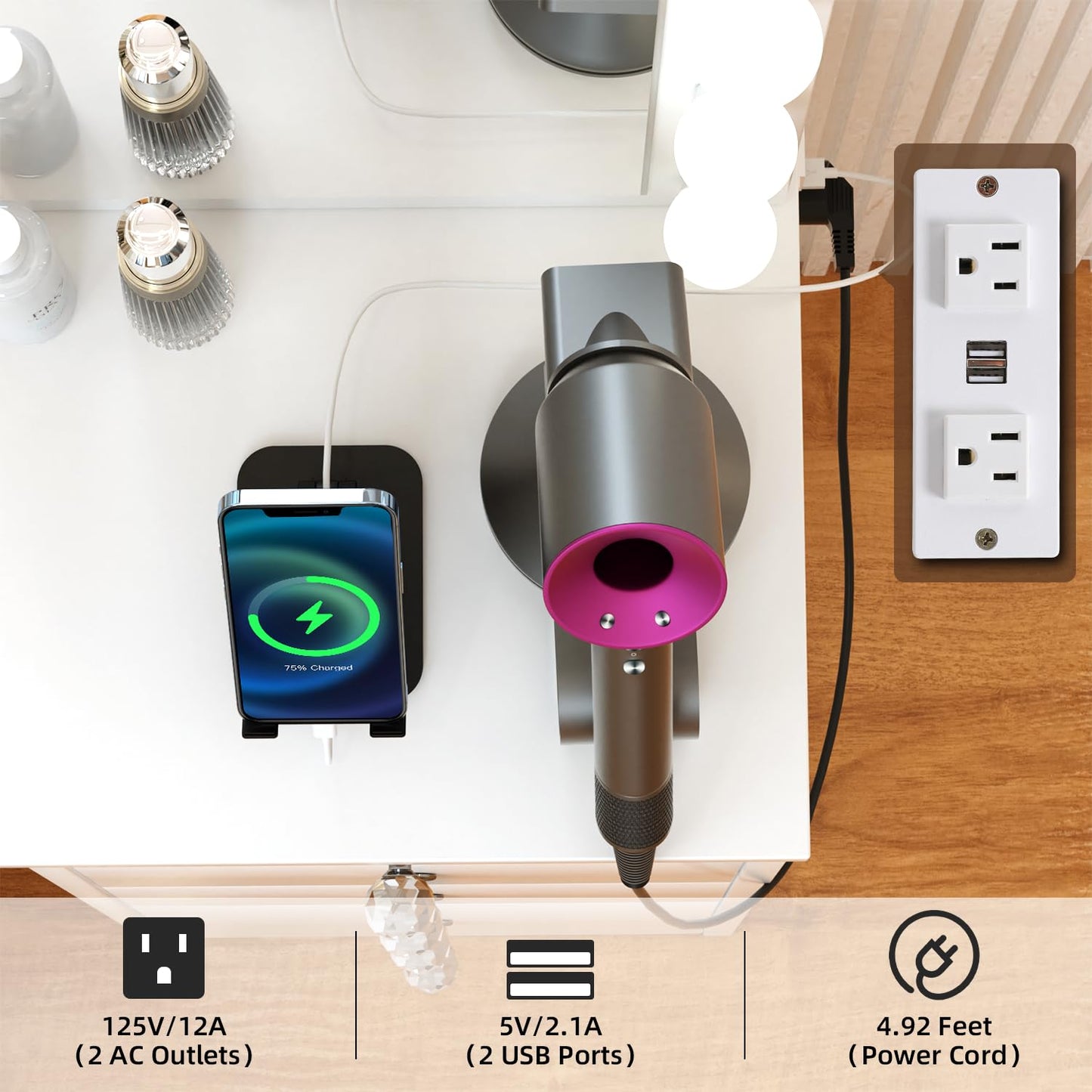 VOWNER Makeup Vanity Desk With Outlet, 2 Sliding Hidden Drawers And Large Mirror, 14 Lighting Bulbs Color & Brightness Adjustable, Come With Stool, For Girls Women