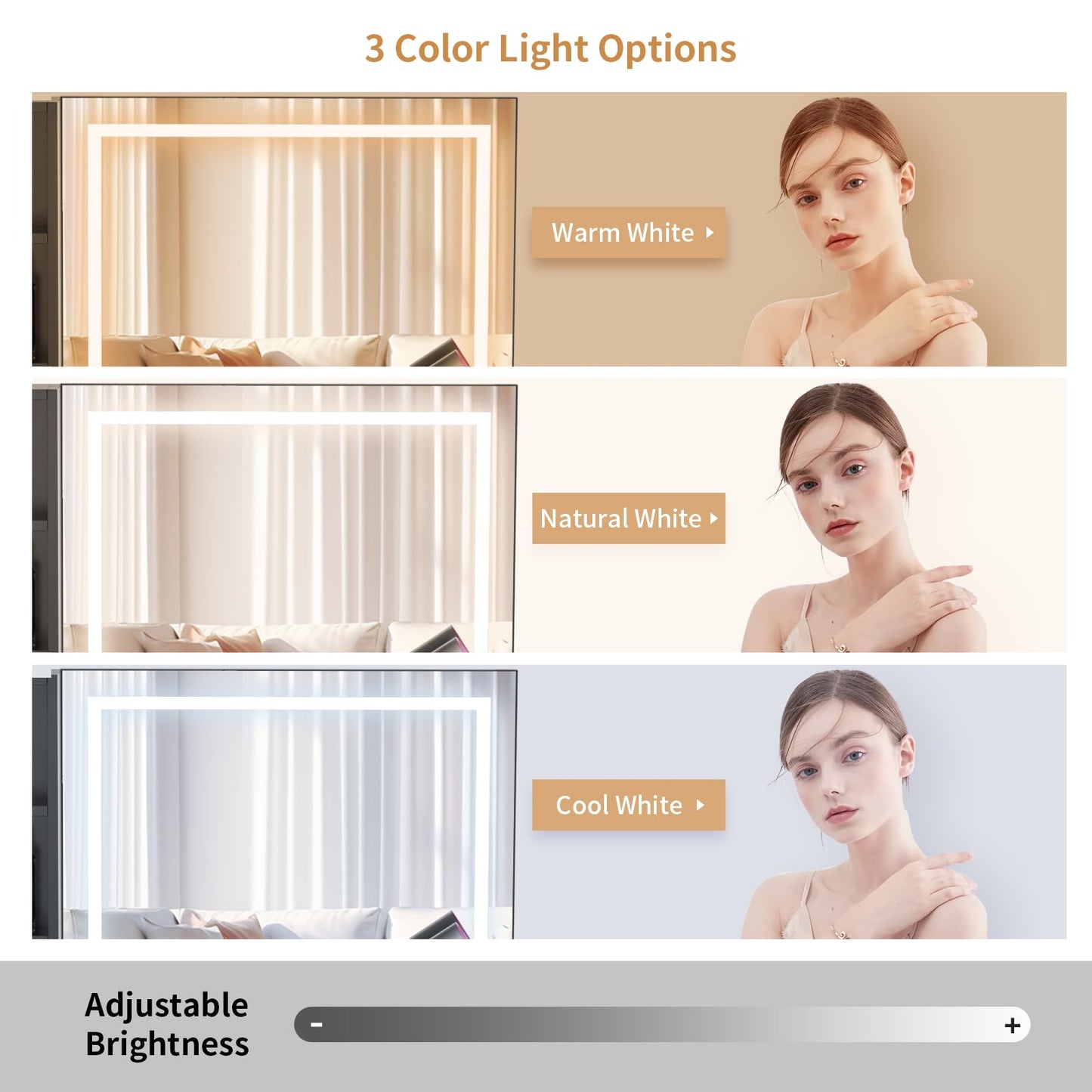 VOWNER Makeup Vanity Desk Set With Outlet, Large LED Lighted Mirror Glass Table Top With 3 Drawer, 1 Cabinet And Shelves, Lighting Brightness & Color Adjustable, Gift For Girls Women