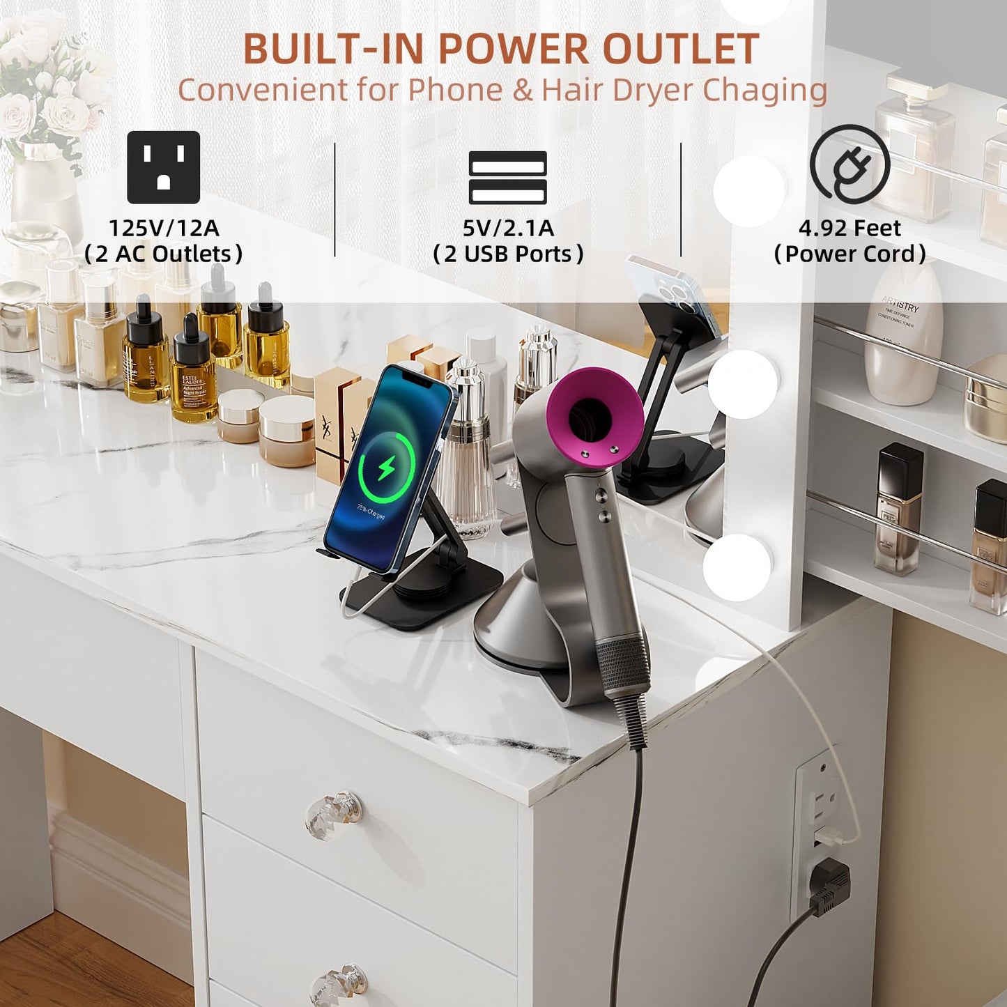 VOWNER Makeup Vanity Desk With Outlet, 2 Sliding Hidden Drawers And Large Mirror, 14 Lighting Bulbs Color & Brightness Adjustable, Come With Stool, For Girls Women