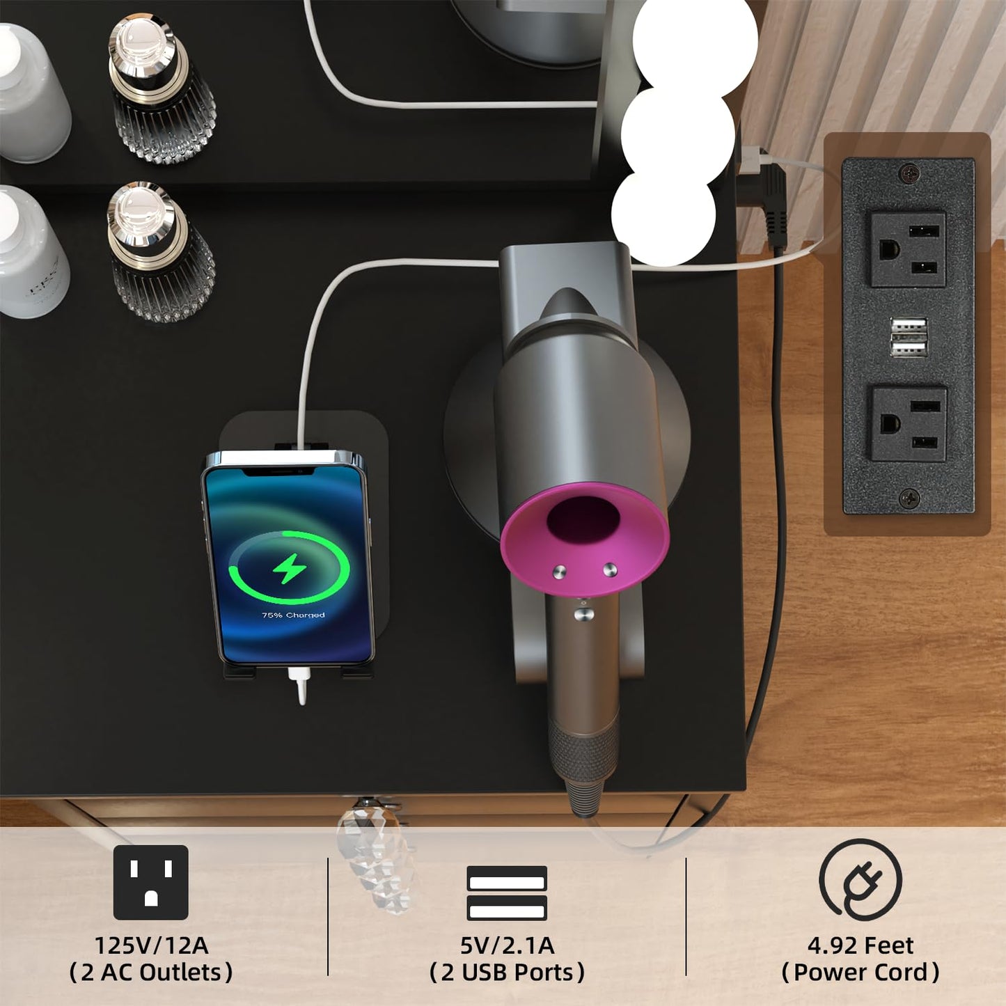 VOWNER Makeup Vanity Desk With Outlet, 2 Sliding Hidden Drawers And Large Mirror, 14 Lighting Bulbs Color & Brightness Adjustable, Come With Stool, For Girls Women