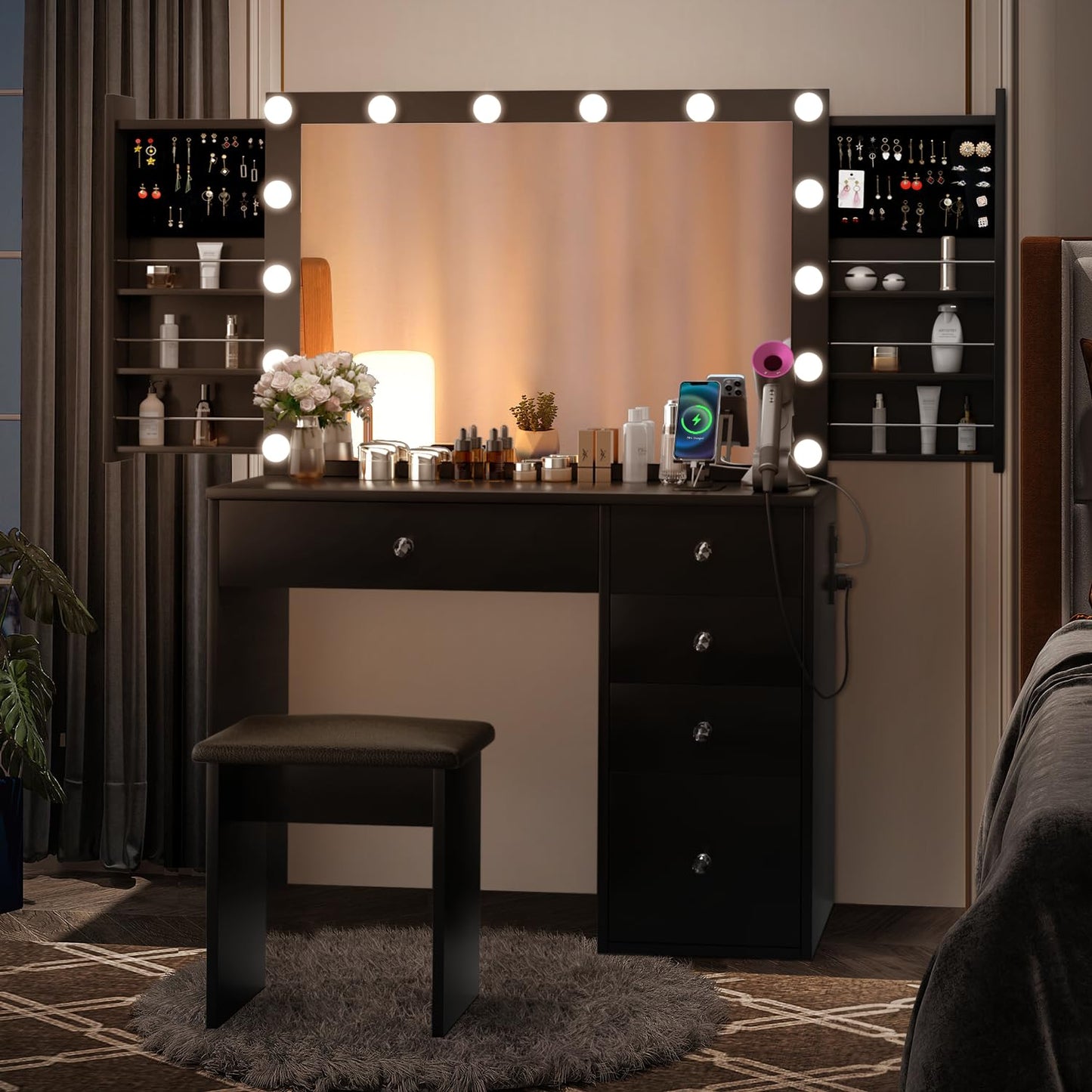 VOWNER Makeup Vanity Desk With Outlet, 2 Sliding Hidden Drawers And Large Mirror, 14 Lighting Bulbs Color & Brightness Adjustable, Come With Stool, For Girls Women