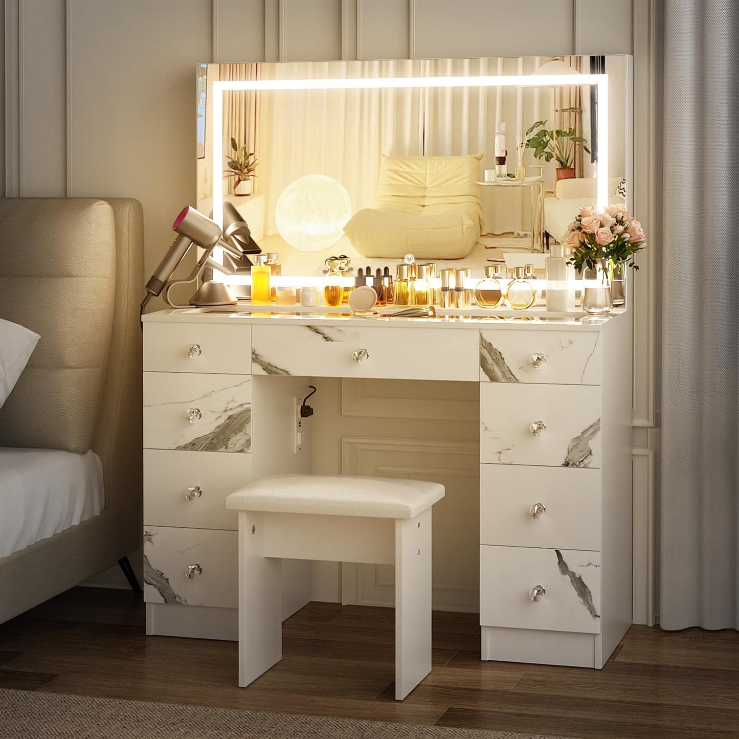 VOWNER 43" Vanity with Lighted Mirror, Glass Top Makeup Desk with Power Outlet and 9 Drawers, 3 Color Lighting Modes Adjustable Brightness