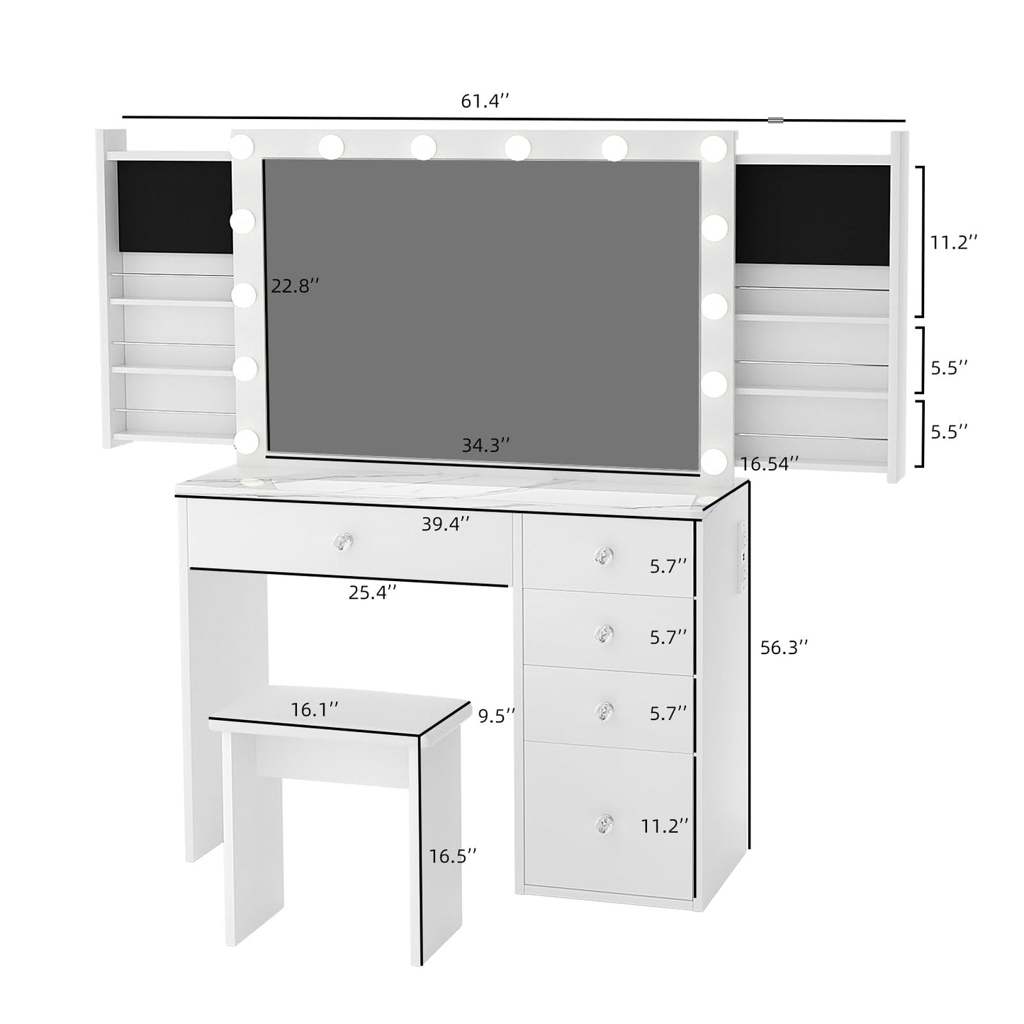 VOWNER Makeup Vanity Desk With Outlet, 2 Sliding Hidden Drawers And Large Mirror, 14 Lighting Bulbs Color & Brightness Adjustable, Come With Stool, For Girls Women