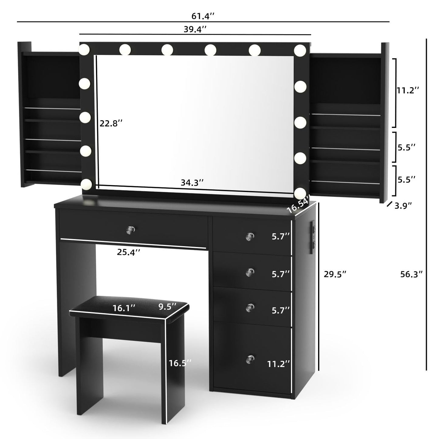 VOWNER Makeup Vanity Desk With Outlet, 2 Sliding Hidden Drawers And Large Mirror, 14 Lighting Bulbs Color & Brightness Adjustable, Come With Stool, For Girls Women