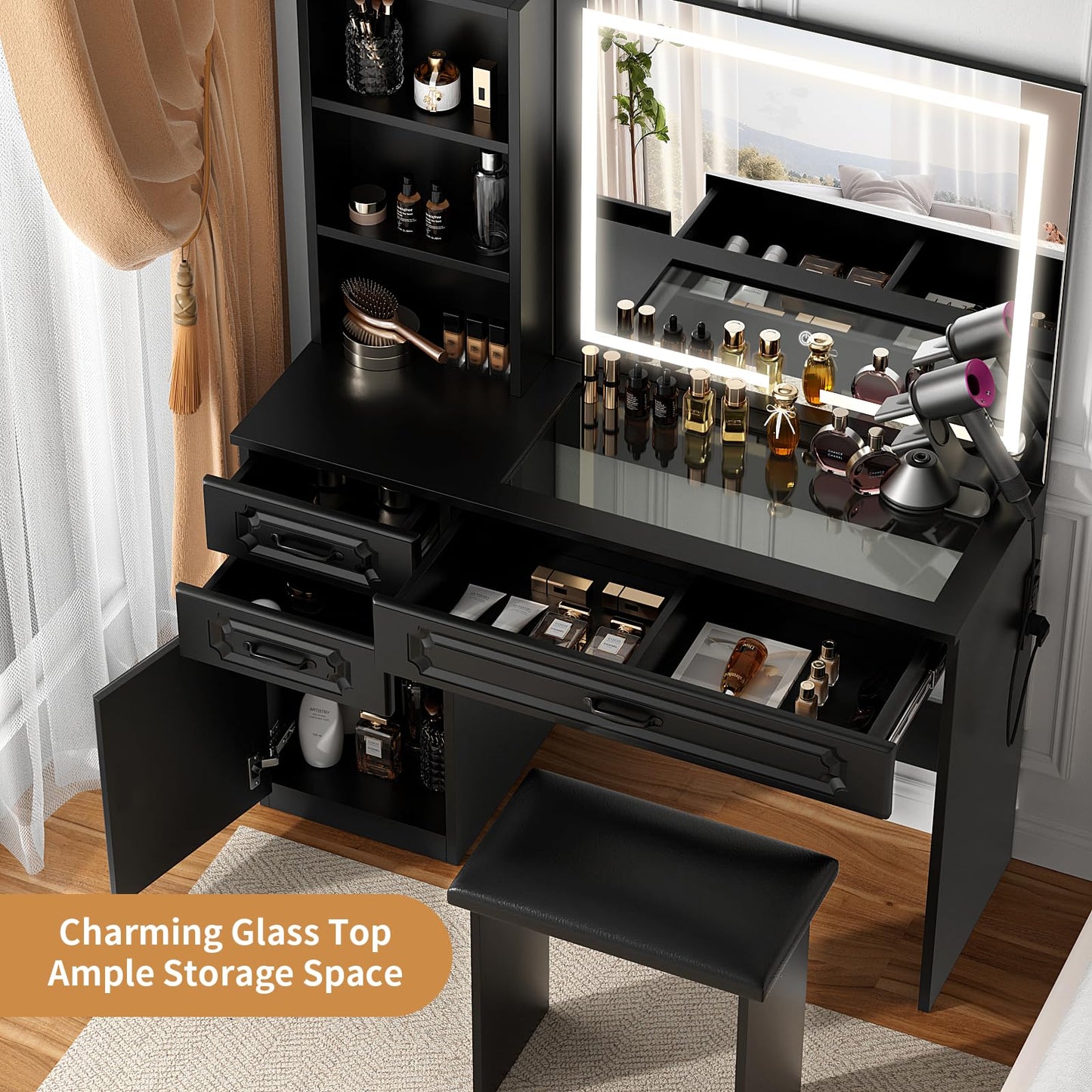 VOWNER Makeup Vanity Desk Set With Outlet, Large LED Lighted Mirror Glass Table Top With 3 Drawer, 1 Cabinet And Shelves, Lighting Brightness & Color Adjustable, Gift For Girls Women