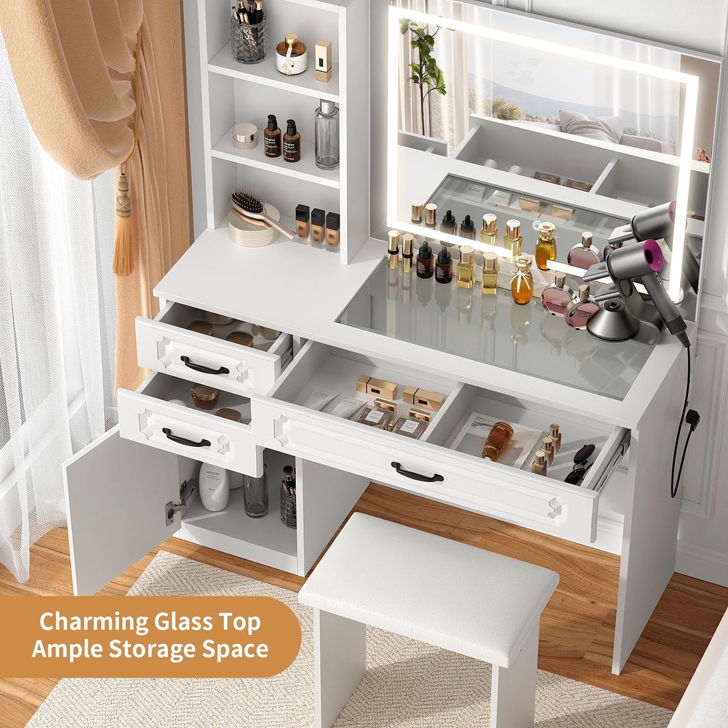 VOWNER Makeup Vanity Desk Set With Outlet, Large LED Lighted Mirror Glass Table Top With 3 Drawer, 1 Cabinet And Shelves, Lighting Brightness & Color Adjustable, Gift For Girls Women