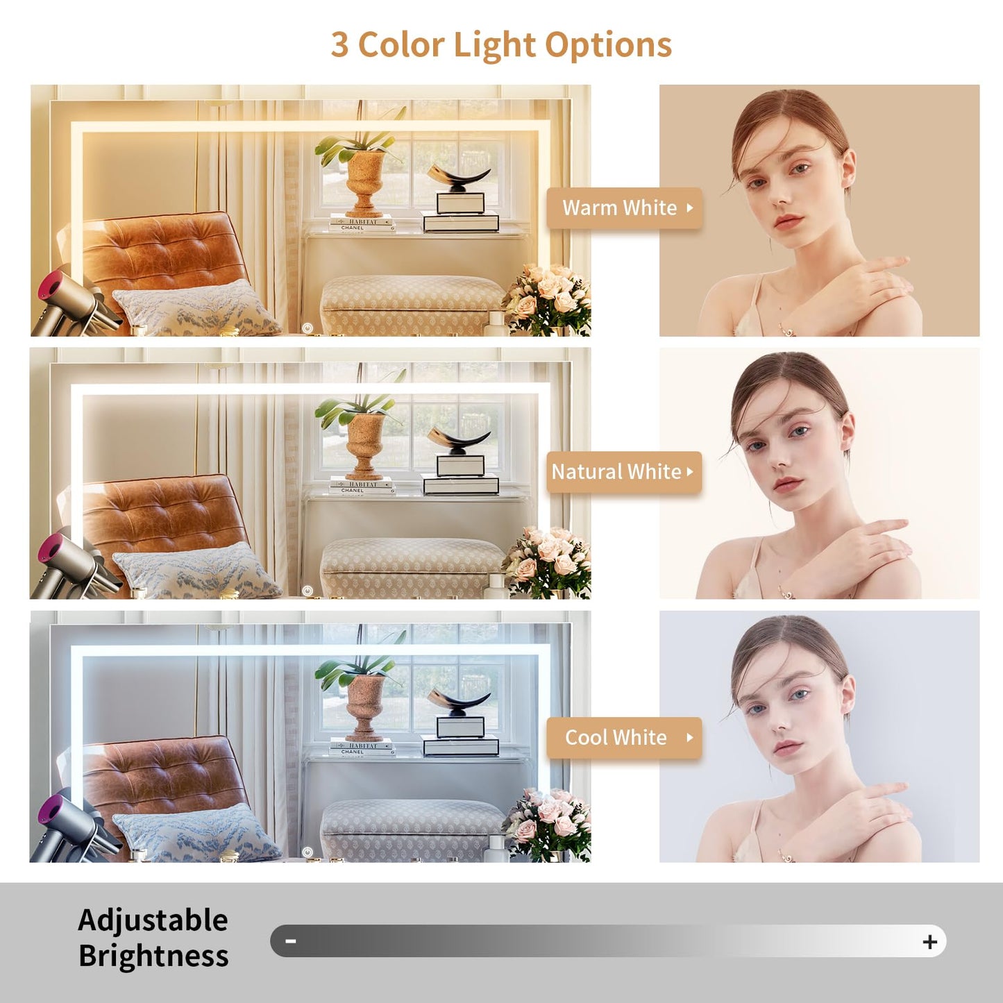 VOWNER 43" Vanity with Lighted Mirror, Glass Top Makeup Desk with Power Outlet and 9 Drawers, 3 Color Lighting Modes Adjustable Brightness