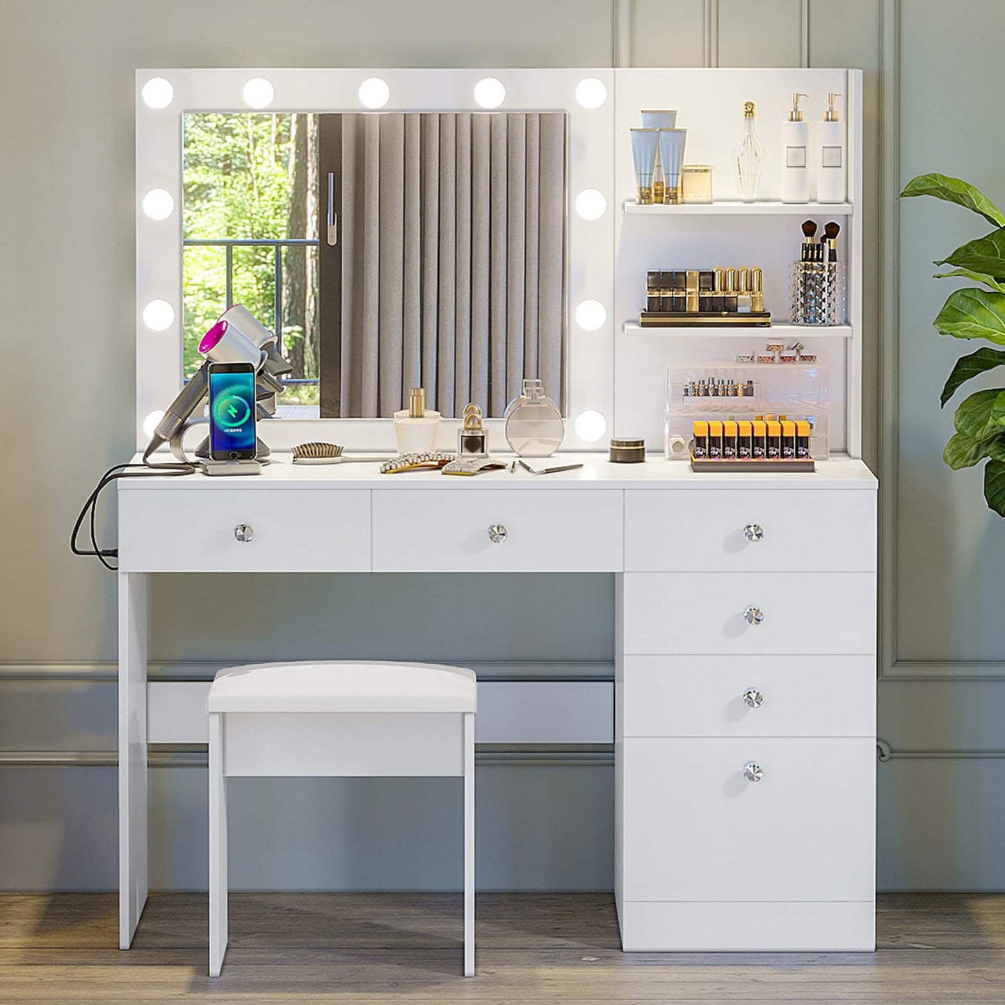 VOWNER 47" Vanity with Outlet - Makeup Vanity Desk with Mirror, Storage Shelves and 6 Drawers