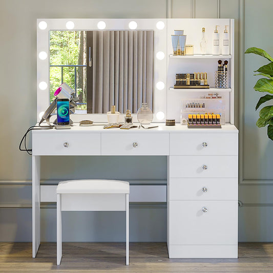 VOWNER 47" Vanity with Outlet - Makeup Vanity Desk with Mirror, Storage Shelves and 6 Drawers