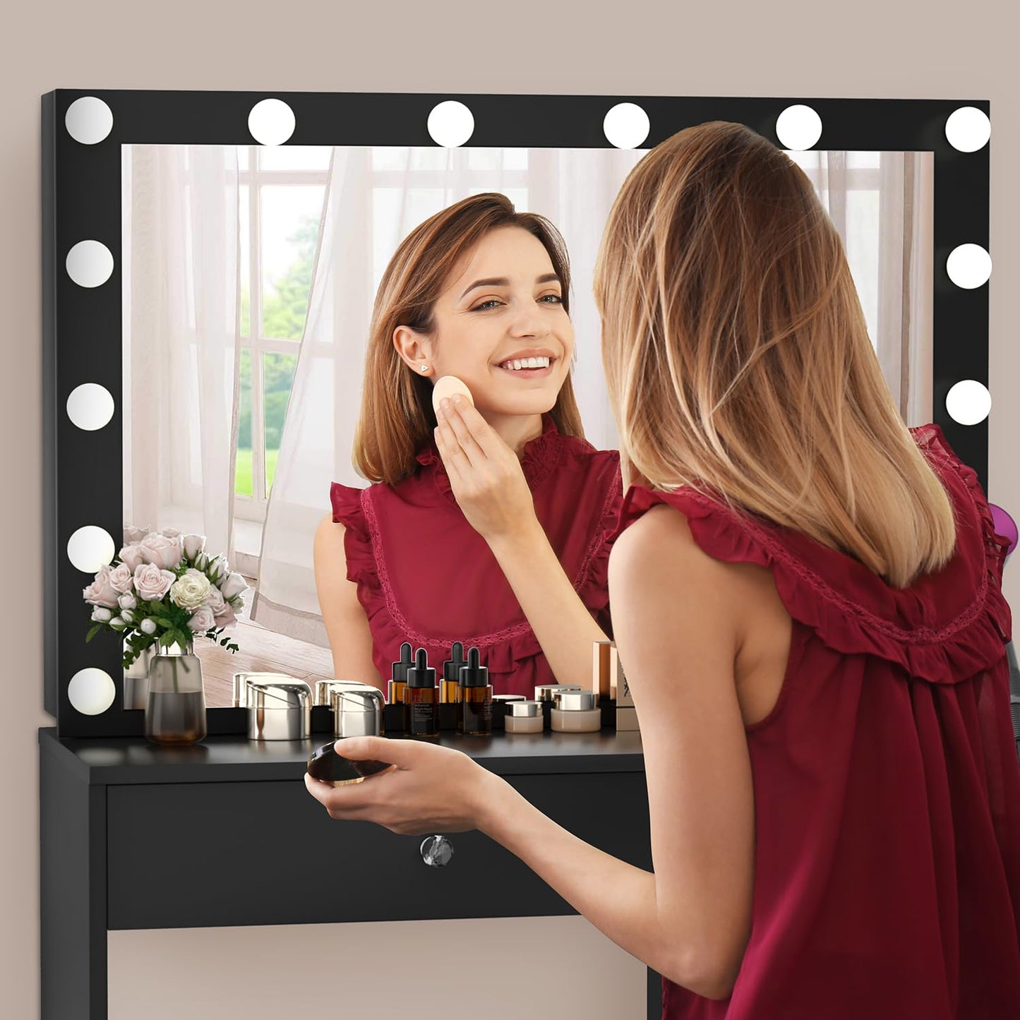 VOWNER Makeup Vanity Desk With Outlet, 2 Sliding Hidden Drawers And Large Mirror, 14 Lighting Bulbs Color & Brightness Adjustable, Come With Stool, For Girls Women