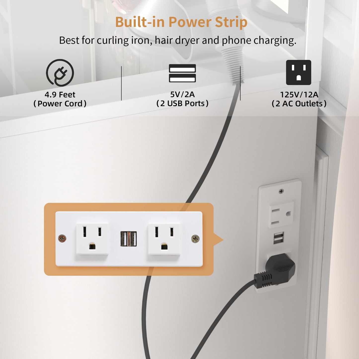 VOWNER Makeup Vanity Desk Set With Outlet, Large LED Lighted Mirror Glass Table Top With 3 Drawer, 1 Cabinet And Shelves, Lighting Brightness & Color Adjustable, Gift For Girls Women