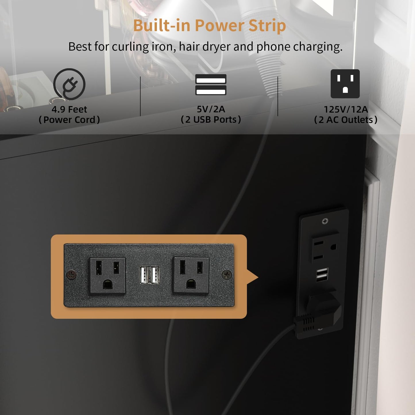 VOWNER Makeup Vanity Desk Set With Outlet, Large LED Lighted Mirror Glass Table Top With 3 Drawer, 1 Cabinet And Shelves, Lighting Brightness & Color Adjustable, Gift For Girls Women