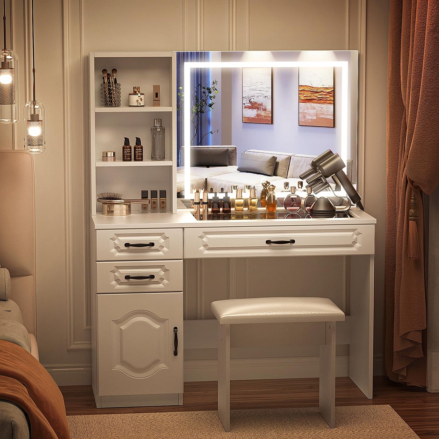 VOWNER Makeup Vanity Desk Set With Outlet, Large LED Lighted Mirror Glass Table Top With 3 Drawer, 1 Cabinet And Shelves, Lighting Brightness & Color Adjustable, Gift For Girls Women