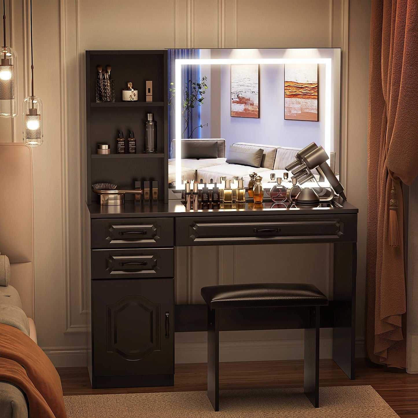 VOWNER Makeup Vanity Desk Set With Outlet, Large LED Lighted Mirror Glass Table Top With 3 Drawer, 1 Cabinet And Shelves, Lighting Brightness & Color Adjustable, Gift For Girls Women