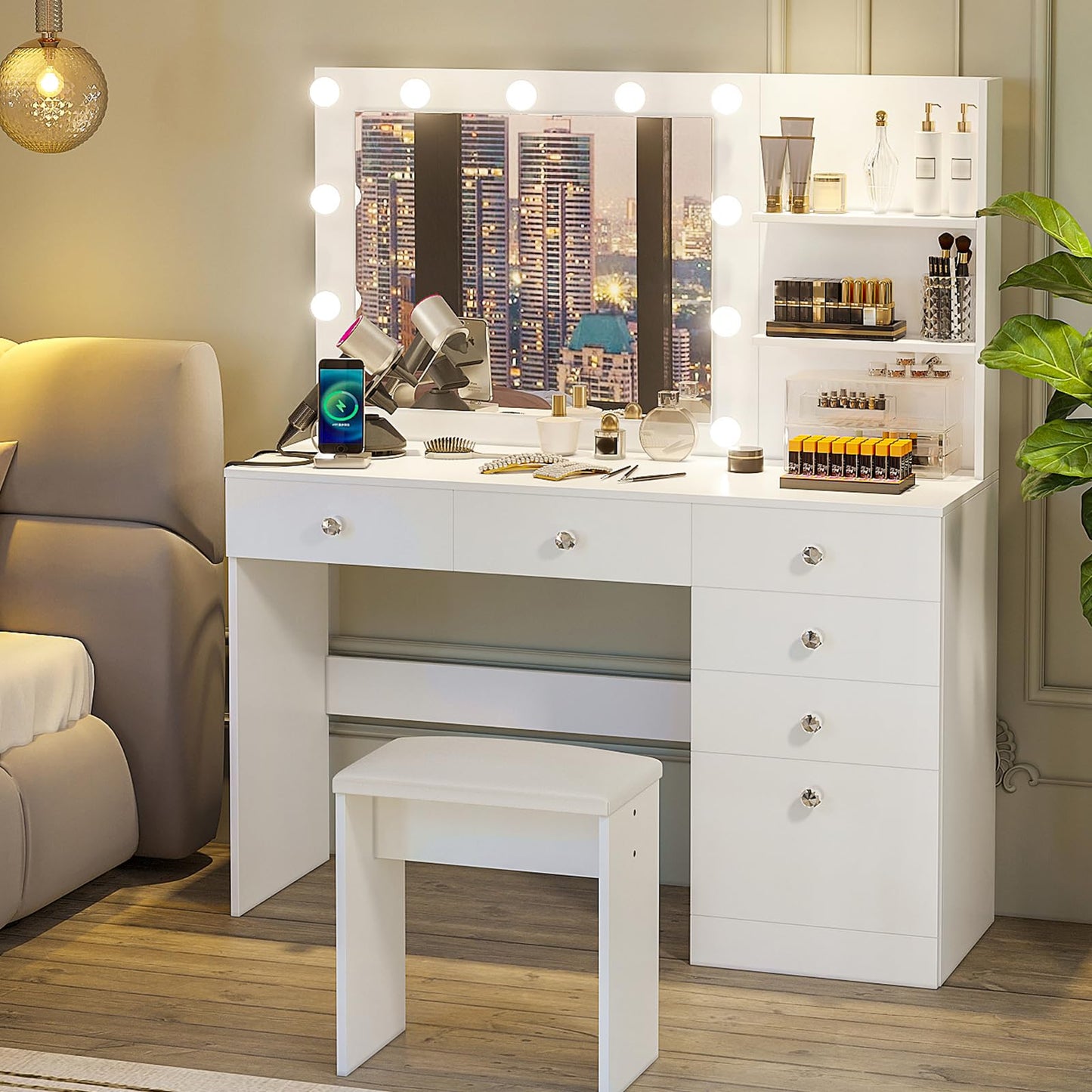 VOWNER 47" Vanity with Outlet - Makeup Vanity Desk with Mirror, Storage Shelves and 6 Drawers