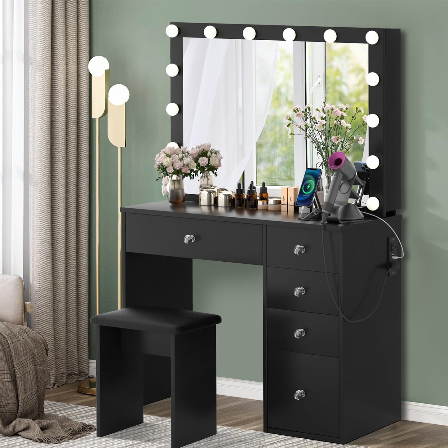 VOWNER Makeup Vanity Desk With Outlet, 2 Sliding Hidden Drawers And Large Mirror, 14 Lighting Bulbs Color & Brightness Adjustable, Come With Stool, For Girls Women
