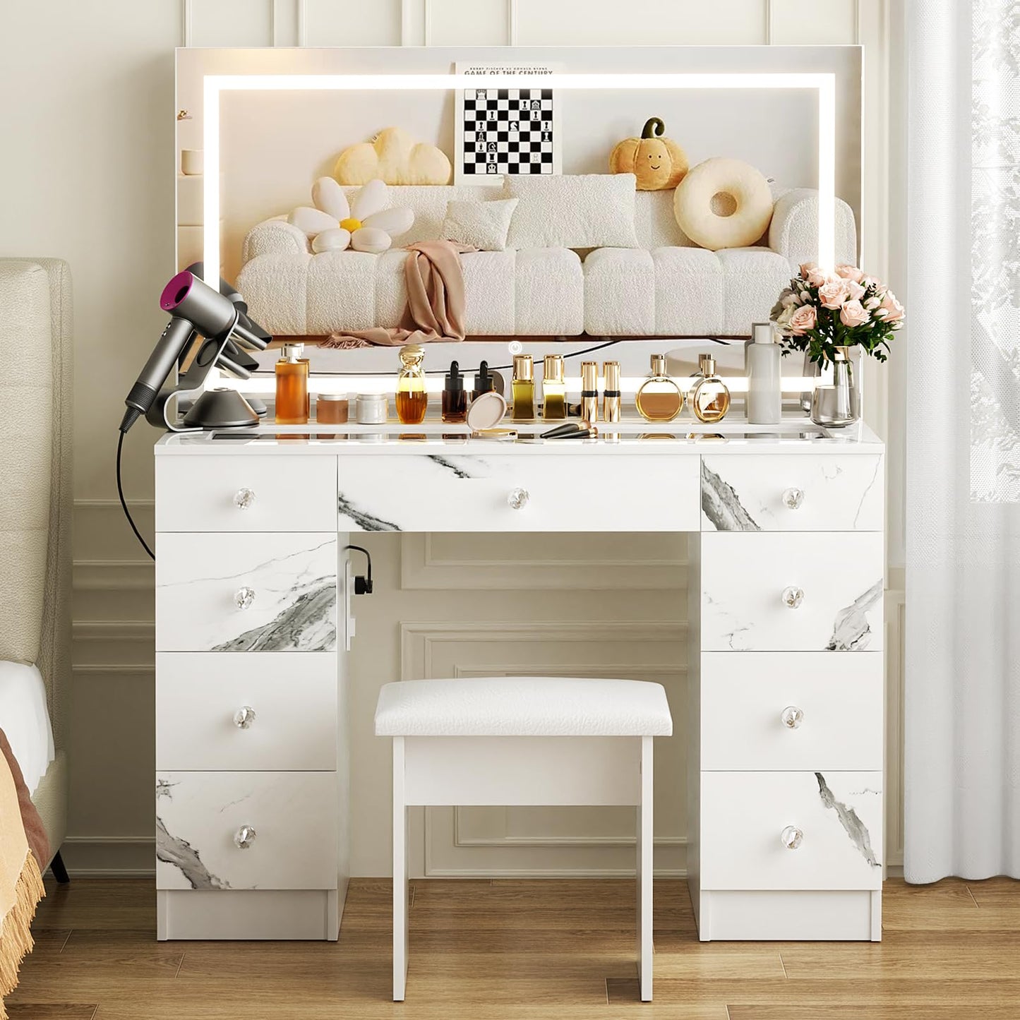 VOWNER 43" Vanity with Lighted Mirror, Glass Top Makeup Desk with Power Outlet and 9 Drawers, 3 Color Lighting Modes Adjustable Brightness