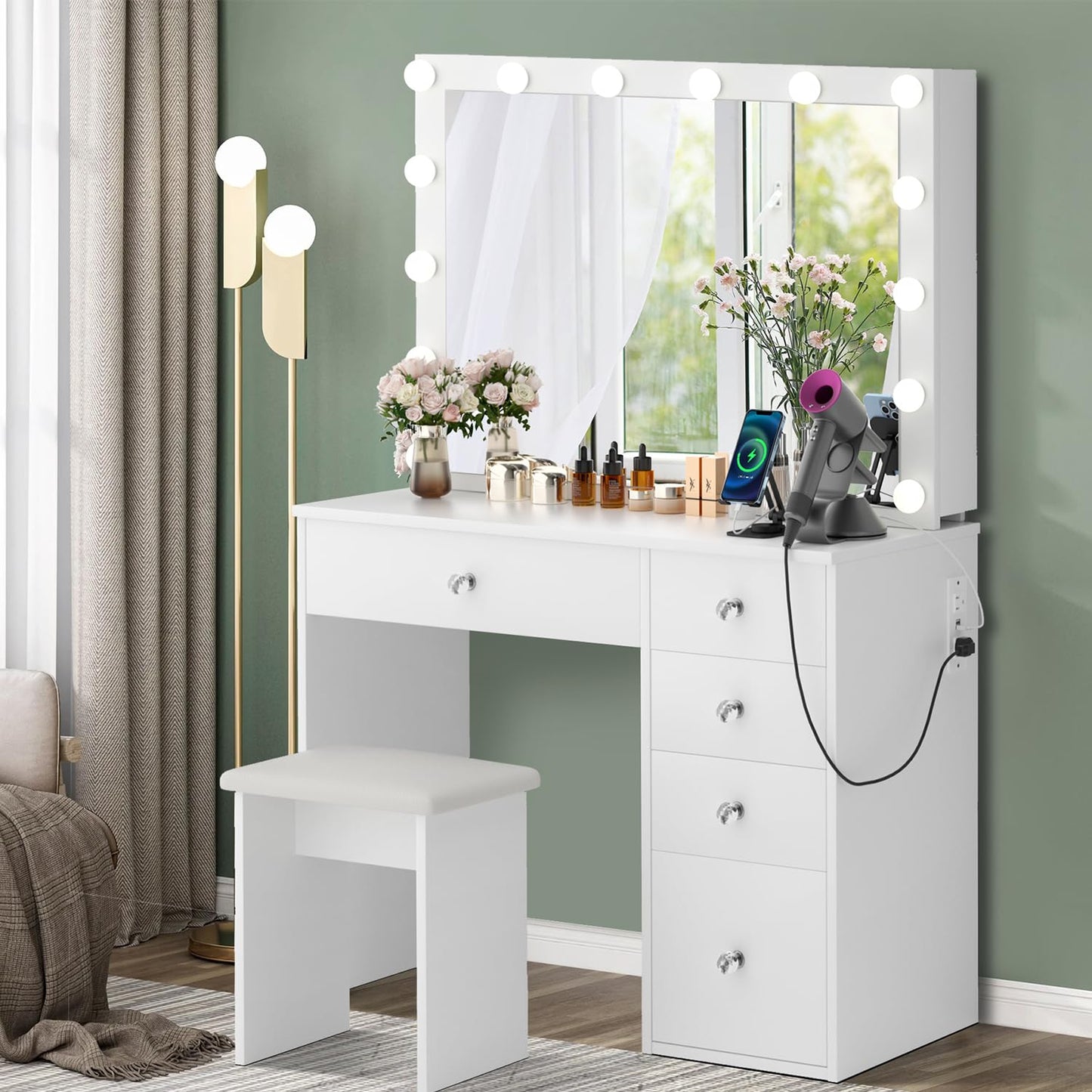 VOWNER Makeup Vanity Desk With Outlet, 2 Sliding Hidden Drawers And Large Mirror, 14 Lighting Bulbs Color & Brightness Adjustable, Come With Stool, For Girls Women