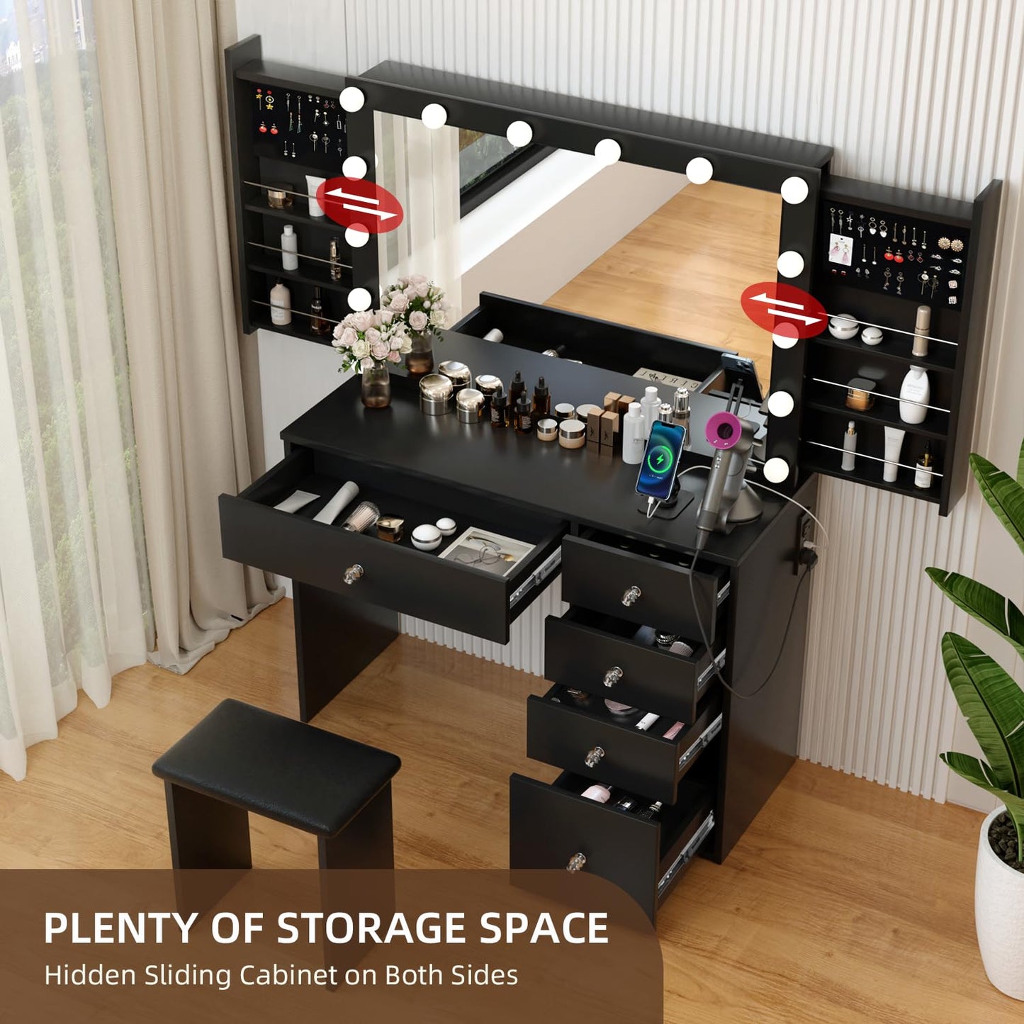 VOWNER Makeup Vanity Desk With Outlet, 2 Sliding Hidden Drawers And Large Mirror, 14 Lighting Bulbs Color & Brightness Adjustable, Come With Stool, For Girls Women