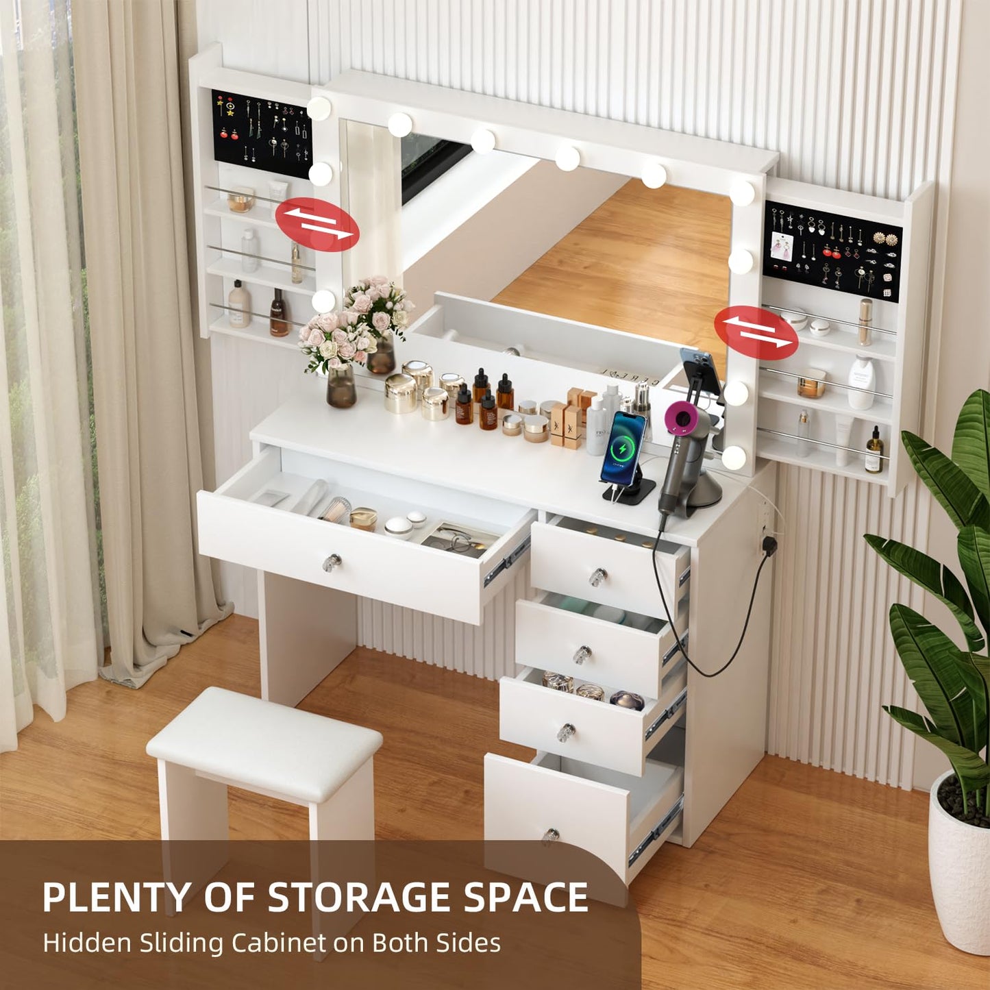 VOWNER Makeup Vanity Desk With Outlet, 2 Sliding Hidden Drawers And Large Mirror, 14 Lighting Bulbs Color & Brightness Adjustable, Come With Stool, For Girls Women